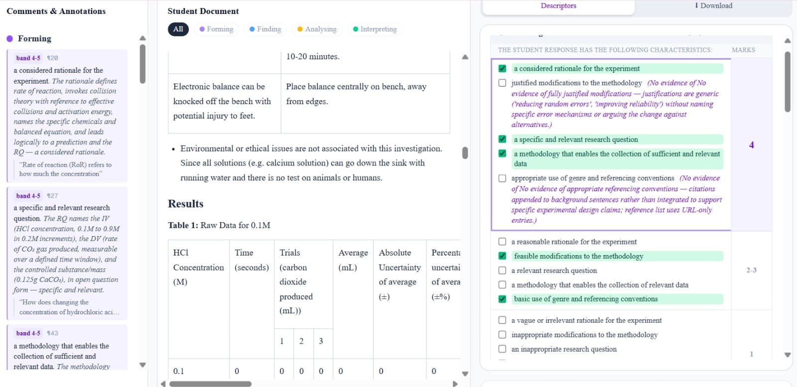 TeachTimeLab final marking — ISMG descriptors with colour-coded selections and annotated student response